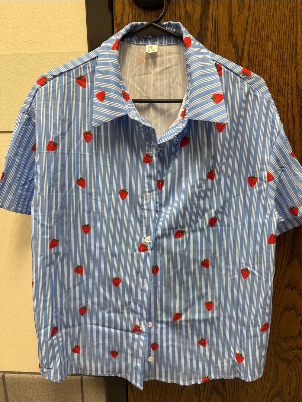 Blue Striped Short-Sleeve Shirt with Red Strawberry Motif